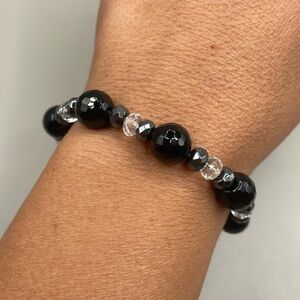 Vintage Silver Tone Black Beaded Bangle Cuff Statement Bracelet